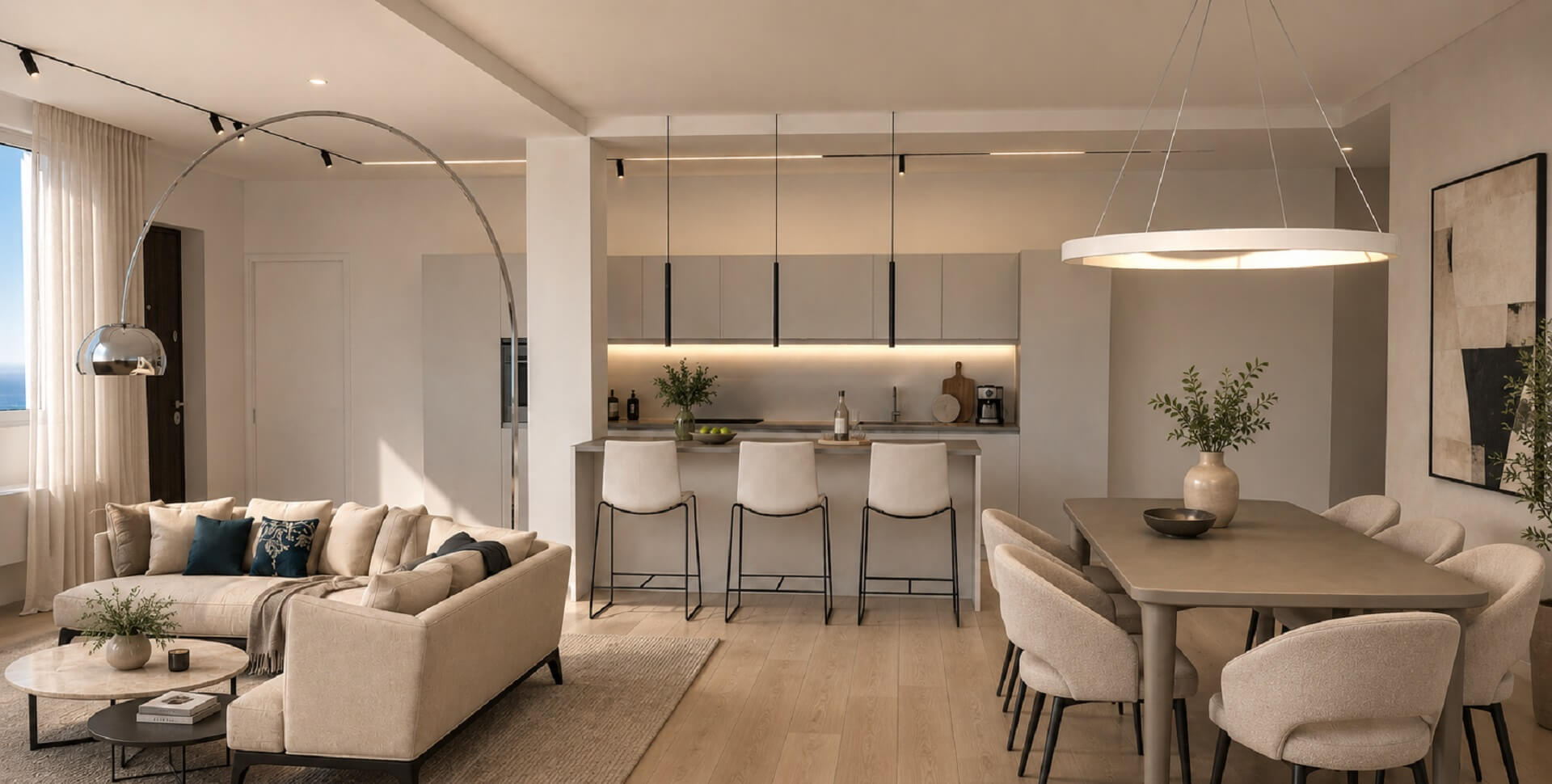 Living contemporaneo illuminato da lampade a sospensione